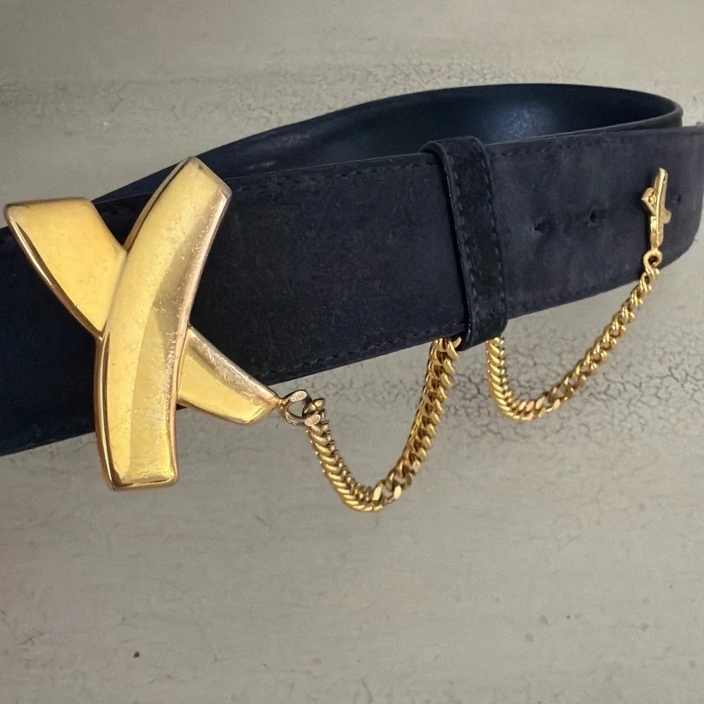 Paloma Picasso Black Suede Leather Belt Gold X Buckle Chain Vintage Italy M/75